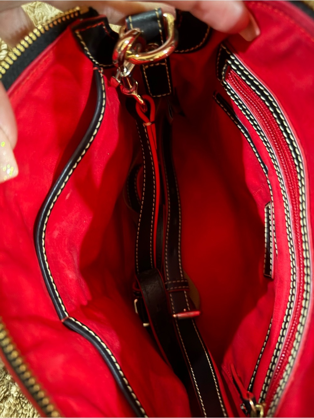 Dooney & Bourke Navy London Print Satchel with Red Accents - Picture 2 of 6